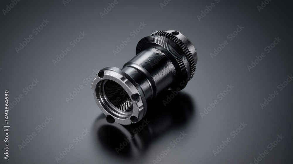 Poster close-up shot of a black mechanical part highlighting precision engineering.