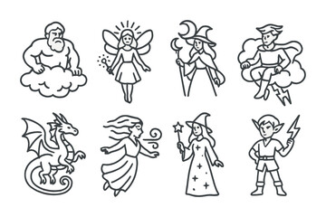 Fantasy and mythical outline icons set – magical, fantasy, mythical creatures
