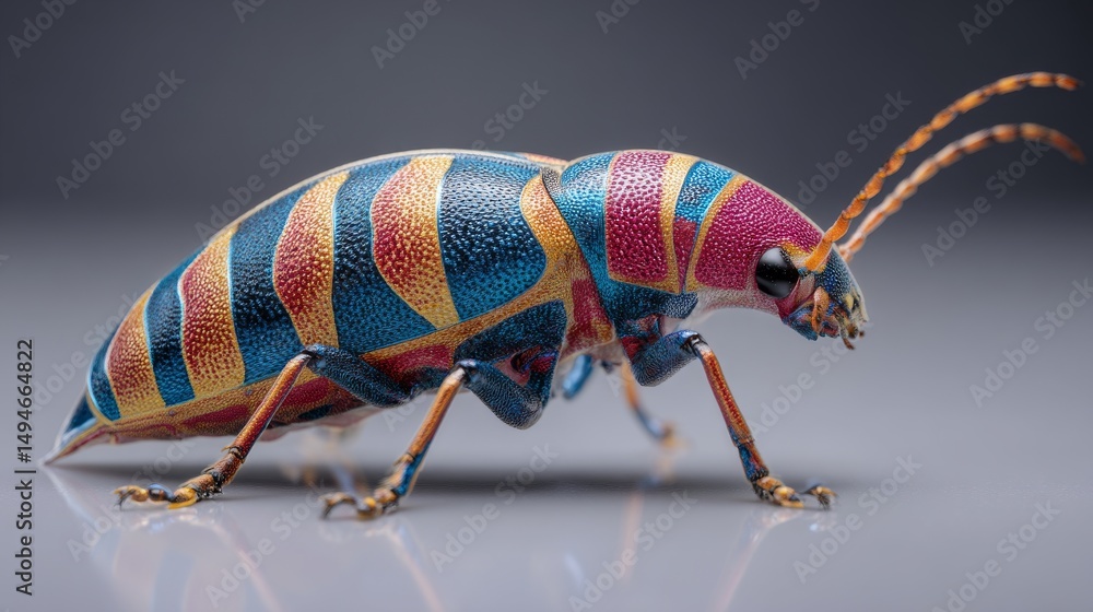 Poster close-up shot of a vibrant and colorful beetle with unique patterns and details.