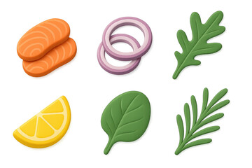 Salmon, onion rings, arugula, lemon, spinach, rosemary: fresh ingredient collection