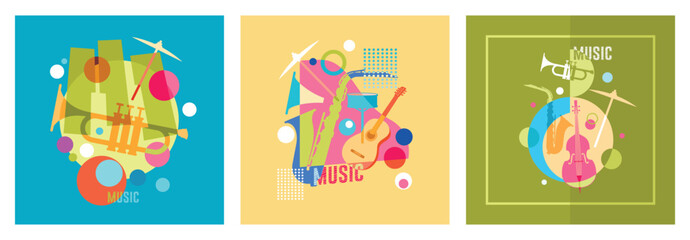 Trumpet and Cymbal on a Blue. Saxophone and Guitar on Yellow Background.Abstract Musical Instrument.