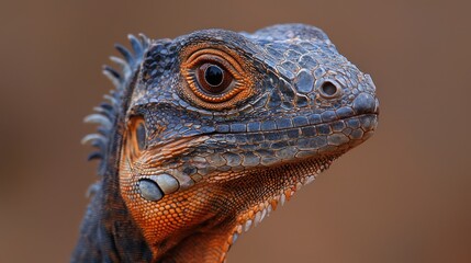 Fototapeta premium Close-up of a reptile's head, showcasing intricate scales and vibrant colors. Detailed texture and intense gaze