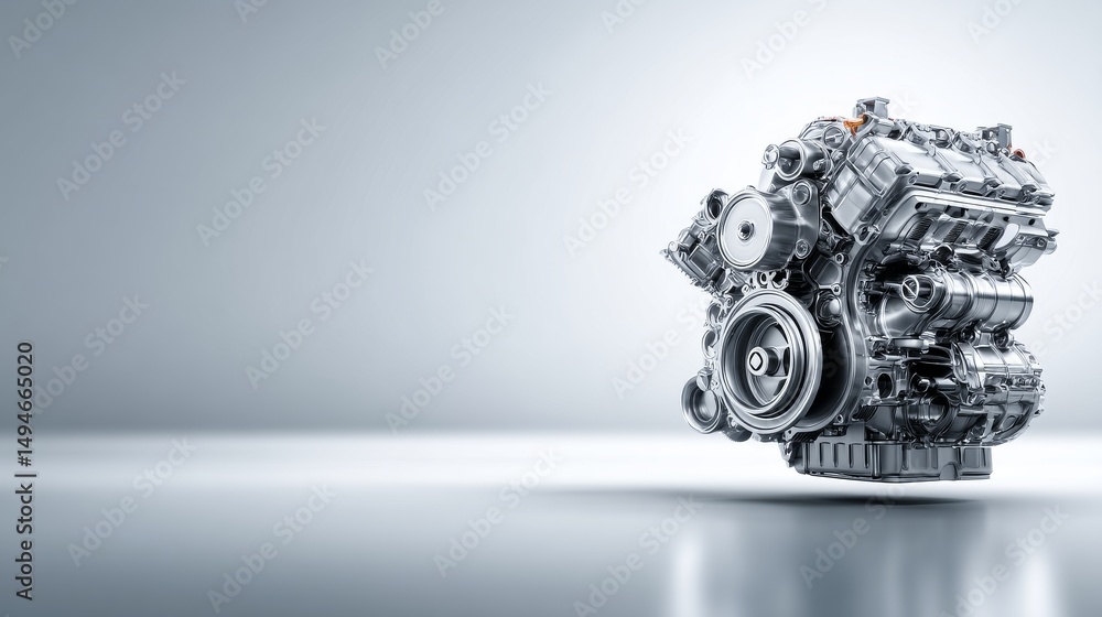 Poster close-up view of a high-performance automotive engine on a sleek surface.