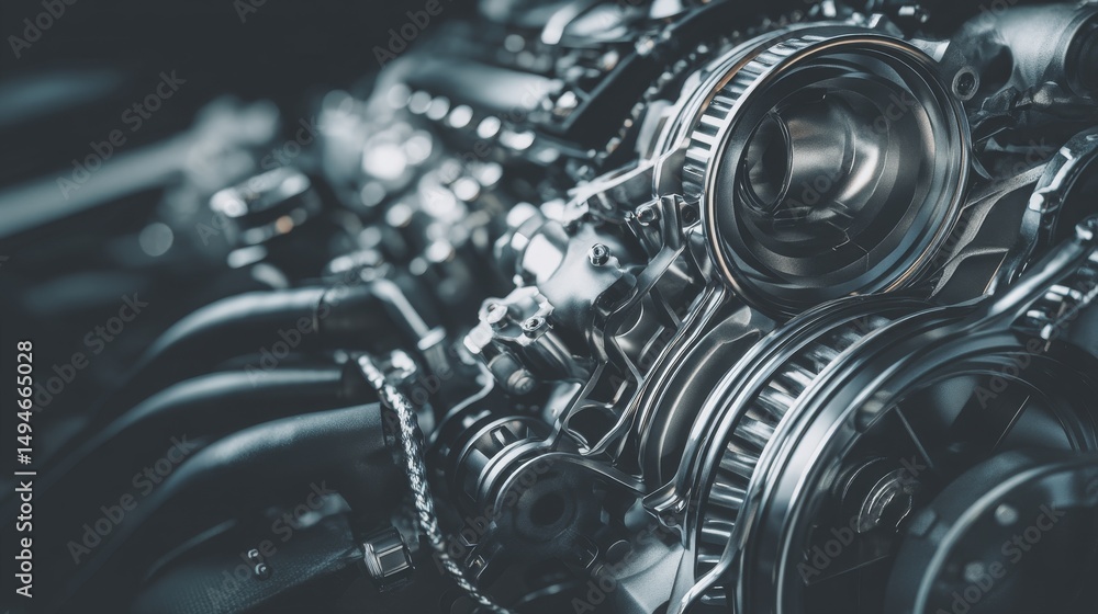 Poster close-up view of a high-performance engine showcasing intricate mechanical details.