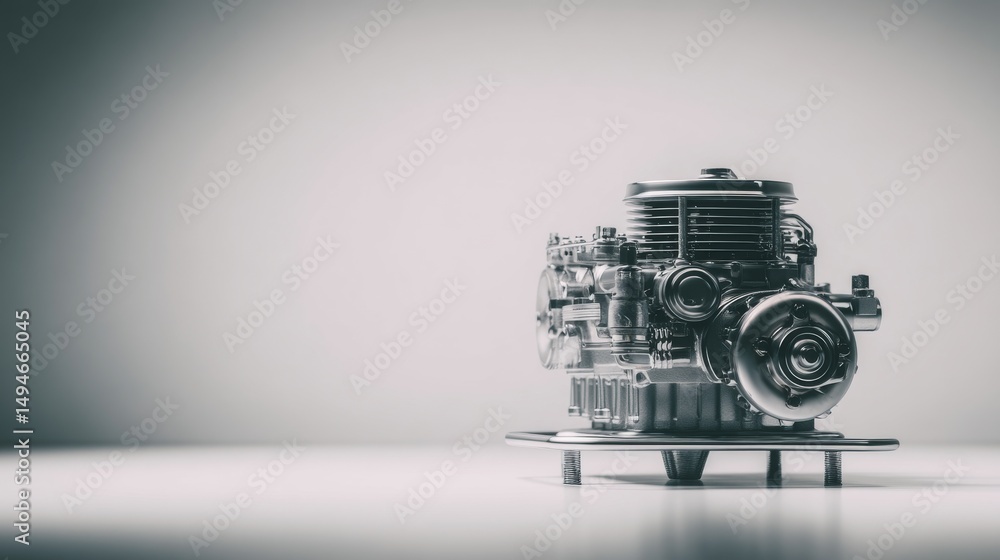 Poster close-up view of a mechanical engine on a minimalistic background.