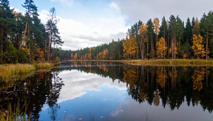 Serene lake mirroring autumn forest canopy under a cloudy sky landscape