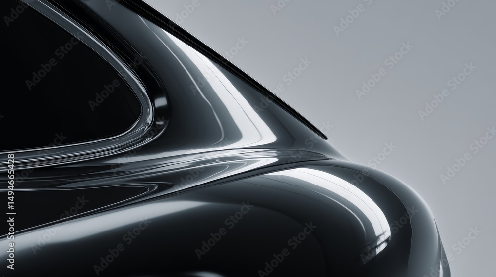 Poster close-up view of a sleek black car's design highlighting smooth lines and curves.