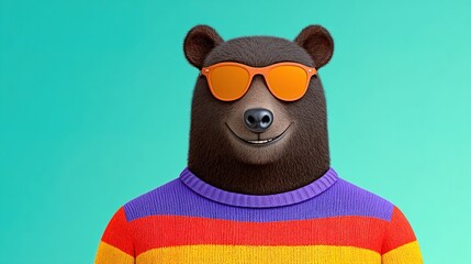 Fototapeta premium Cheerful bear in vibrant sweater and sunglasses against bright backdrop