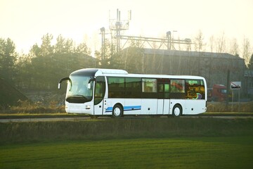 Isolated bus on scenic rural landscape