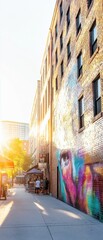 Fototapeta premium Street scene in an urban area with a brick building on the right side. the building has multiple windows and a colorful mural on the side.