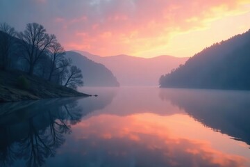 Fototapeta premium Misty dawn over tranquil lake, fog blankets hills, tranquil, mystical