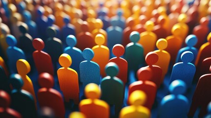 Fototapeta premium A colorful crowd of wooden figures, each with a unique color, standing in a dense, vibrant crowd against a blurred background.