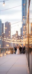 Fototapeta premium Photograph of a rooftop terrace with a view of a city skyline in the background. the terrace is covered in string lights hanging from the ceiling, creating a warm and cozy ambiance.