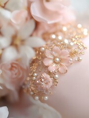 Fototapeta premium Close-up of a beautiful flower brooch. the brooch is made up of multiple pink flowers with gold accents.