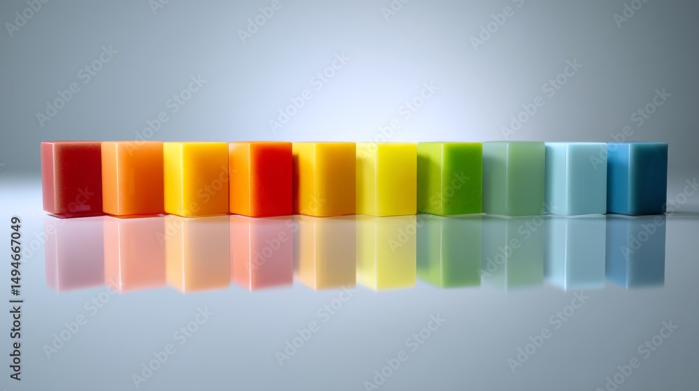 Poster colorful blocks arranged in a gradient formation reflecting light on a smooth surface.