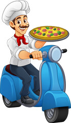 A pizza chef on a delivery scooter moped or motorcycle delivering pizza cartoon mascot illustration