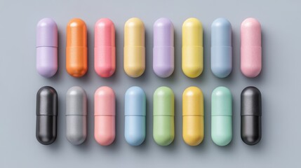 Colorful capsules arranged neatly on a gray surface for various health needs.