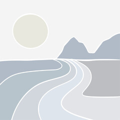 Hand draw sunset on sea lanscape panorama. Organic shapes matisse style, naive art, contemporary backgrounds. Beach and mountains vector illustration	