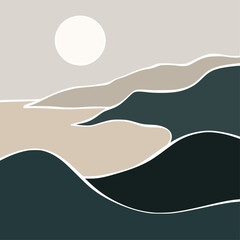 Hand draw sunset on sea lanscape panorama. Organic shapes matisse style, naive art, contemporary backgrounds. Beach and mountains vector illustration	