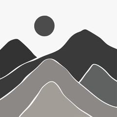 Abstract lanscape panorama posters. Organic shapes matisse style, naive art, contemporary backgrounds. sun and mountains vector illustration	
