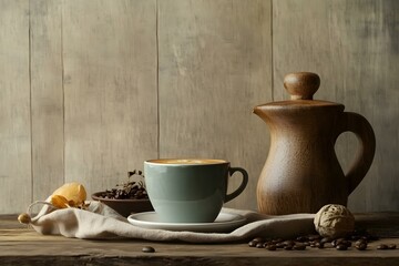 Fototapeta premium Serene Latte: A Rustic Coffee Still Life Capturing Warmth and Artisan Charm