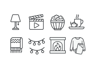 Cozy home outline icons set – linear, minimalist, interior and domestic design symbols