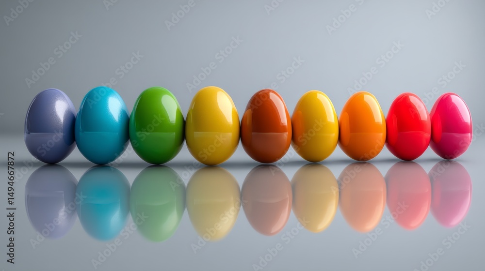 Aufkleber colorful eggs arranged in a row, reflecting light in a vibrant display of patterns.