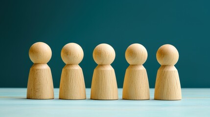 Five wooden figures standing in a row on a blue background