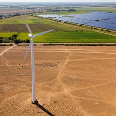 Aerial View of Wind Turbine in Arid Land Near Solar Farm: Sustainable Energy Solutions in Rural Landscape