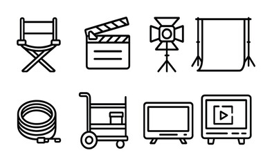 Movie and film industry outline icons set &ndash; cinema, director, production symbols