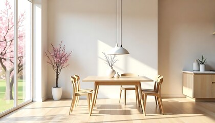 Stylish Scandinavian dining room interior with mock up poster frame, wooden table, furniture, cutoff coffee, flowers , cement fruits and elegant accessories, created with generative ai