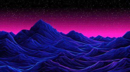 Obraz premium Synthwave-styled digital art depicting a vibrant, stylized mountain range under a dark, starlit sky. Pink and blue hues dominate the landscape