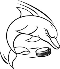 Dolphin animal mean tough ice hockey sports team mascot hitting a hockey puck ball