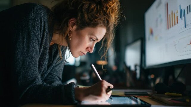 Data Analysis: A focused professional immersed in data analysis, meticulously interpreting complex charts and figures to extract actionable insights within a high-tech office setting.