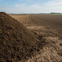 Agricultural Field Preparation: A Pile of Dark Brown Compost Beside a Plowed Field Under a Bright Sky