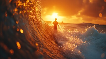 Silhouette amidst the Golden Ocean Wave at Sunset during a Summer Vacation