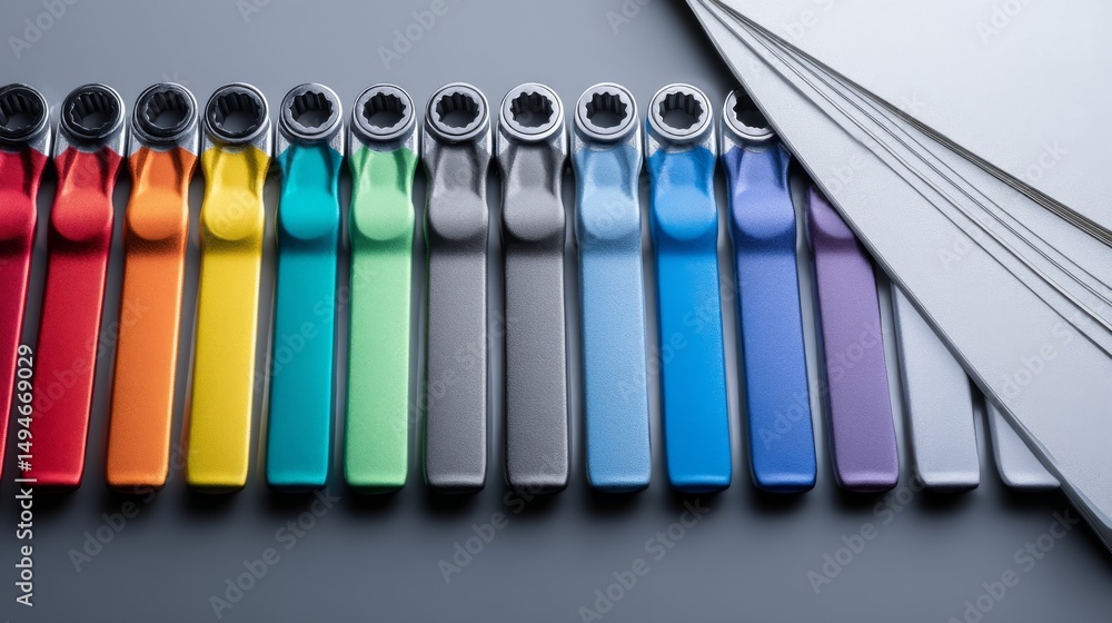 Poster colorful markers arranged in a row over various sheets of paper.