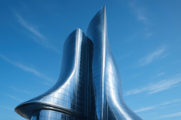 Modern architectural structure with sleek glass facade and unique curves, reflecting blue sky and clouds, showcasing innovative design and contemporary aesthetics
