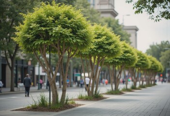 Obraz premium Lush trees lining a city street, creating a vibrant urban atmosphere