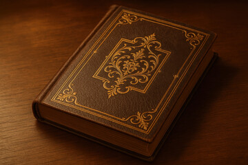 Fototapeta premium Vintage leather-bound book with intricate gold embossing resting on a wooden surface, showcasing craftsmanship and elegance in design, perfect for literary themes and nostalgic concepts