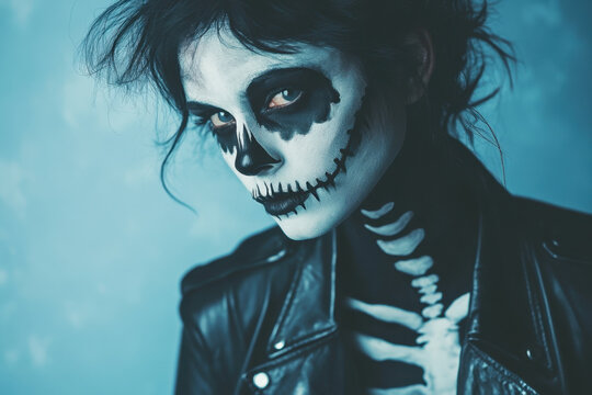 Woman with a skeleton face paint, dark eye sockets, and intricate details, expressive pose against a stark background ? a striking and eerie sight.