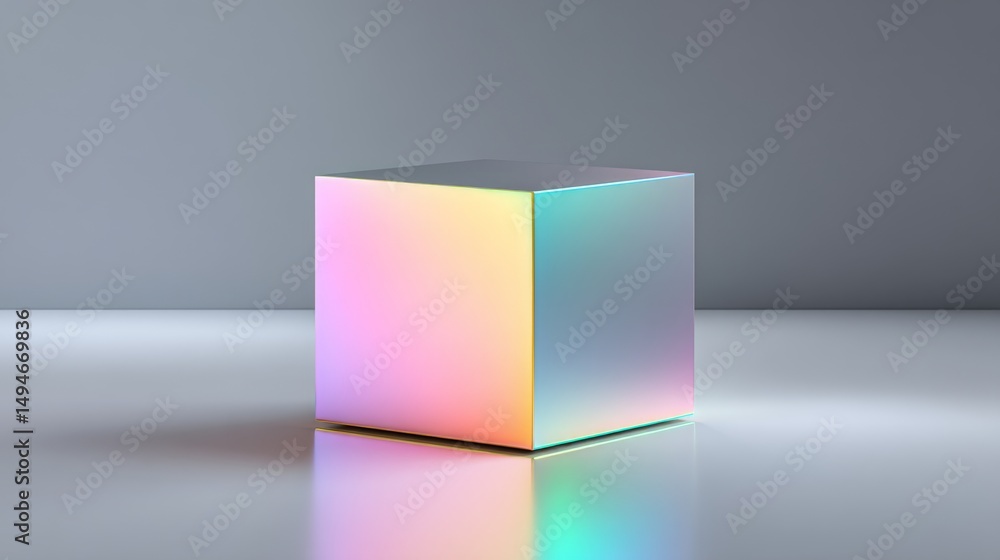 Poster colorful shiny cube showcasing a spectrum of vibrant reflections and modern design.