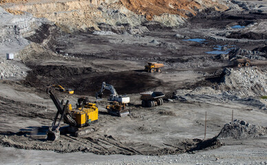 Panoramic aerial view of coal mine. Open pit mine industry, big yellow mining truck for coal quarry. Open coal mining anthracite mining. Pit on coal mining by open way. 