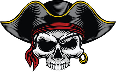 A pirate skull in a captain hat skeleton vintage woodcut style design