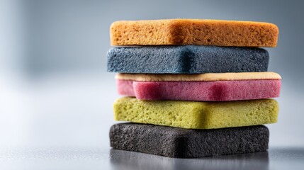 Colorful sponges stacked together for cleaning and household chores on a modern surface.