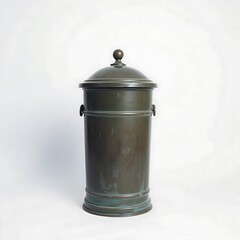 A weathered ancient dust-bin made of clay, with primitive etchings and a worn-out texture, isolated on a pure white background, highlighting the effects of time.