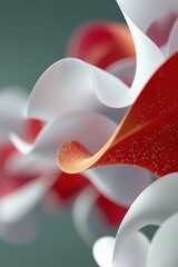 A close up of a red and white flower with a lot of detail. The flower is made of paper and has a lot of texture. The image has a dreamy, ethereal quality to it