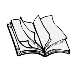 Hand drawn doodle open book. Educational club, read books lover. Vector illustration.