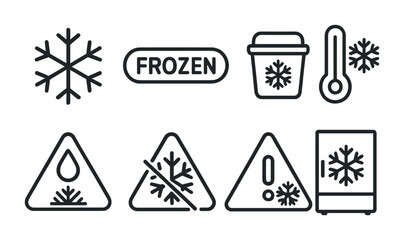 Frozen food safety outline icons set – linear, chilled, preservation symbols