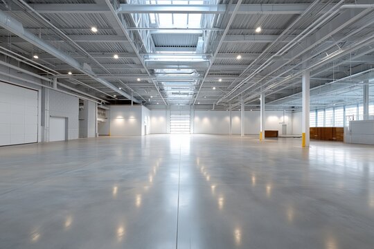 A large, empty warehouse with a lot of light shining on the floor. The space is very open and empty, with no furniture or people visible. Scene is one of emptiness and solitude
